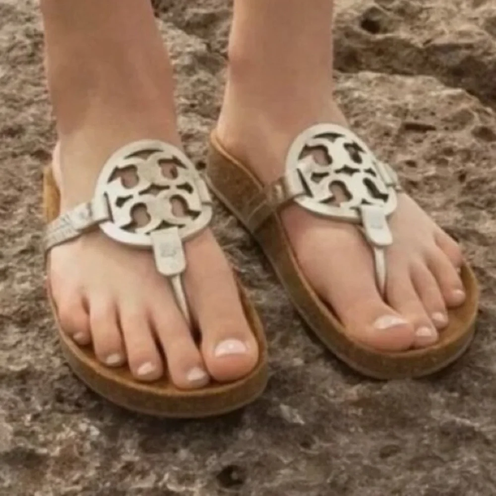 EUC Tory Burch Miller Cloud metallic goat leather cork Sandals